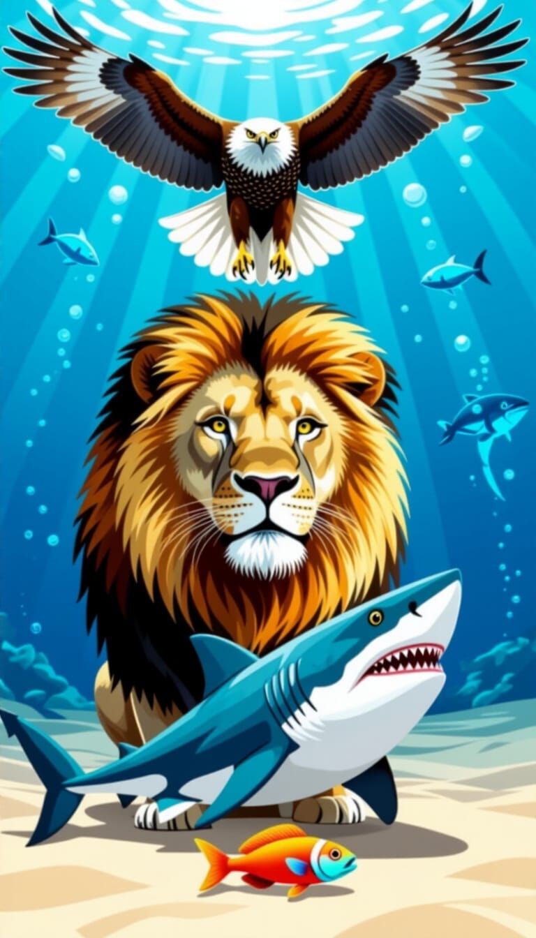 Lion, Hawk, Shark, and Fish in Surreal Combination