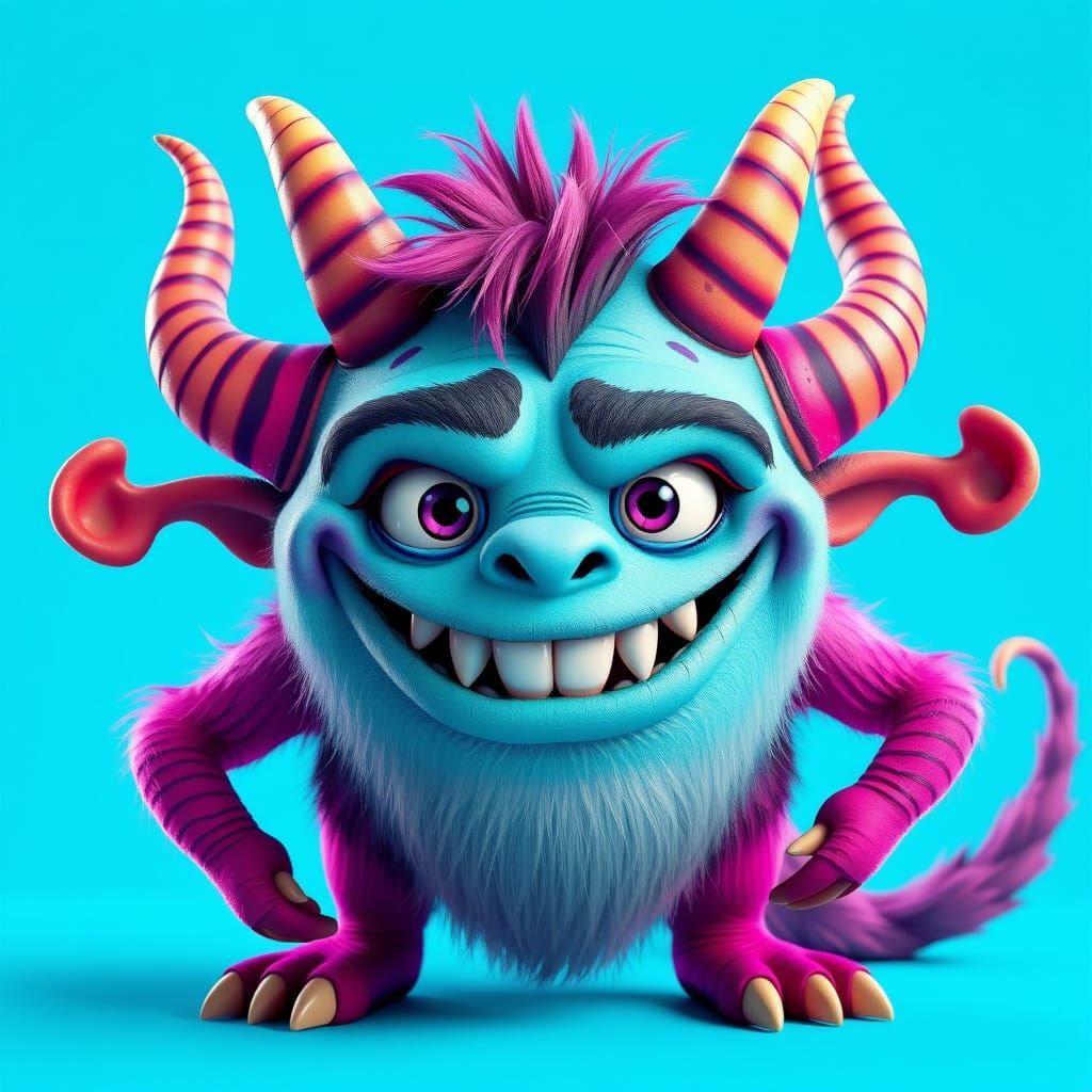 Vibrant 3D Cartoon Monster with Curved Horns and Neon Accent...