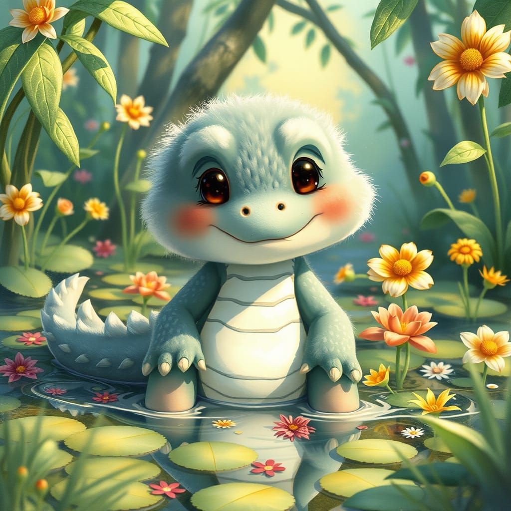 Cute Fluffy Alligator in Whimsical Fantasy Style