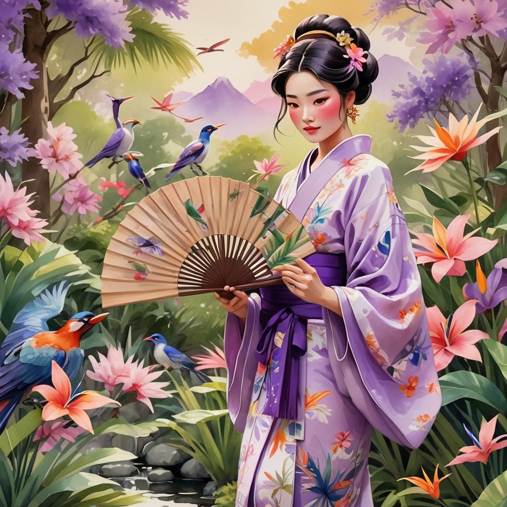 Kimono Woman in Japanese Garden: Pixar-Inspired Art