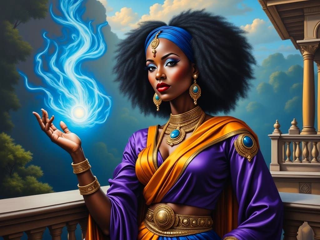 African Sorceress Casting Spell in Oil Painting Style