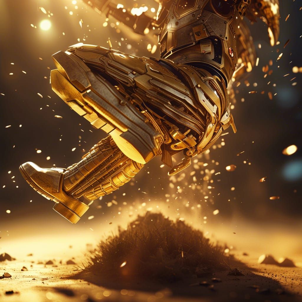 Golden Knight's Descent: Epic Sci-Fi Scene