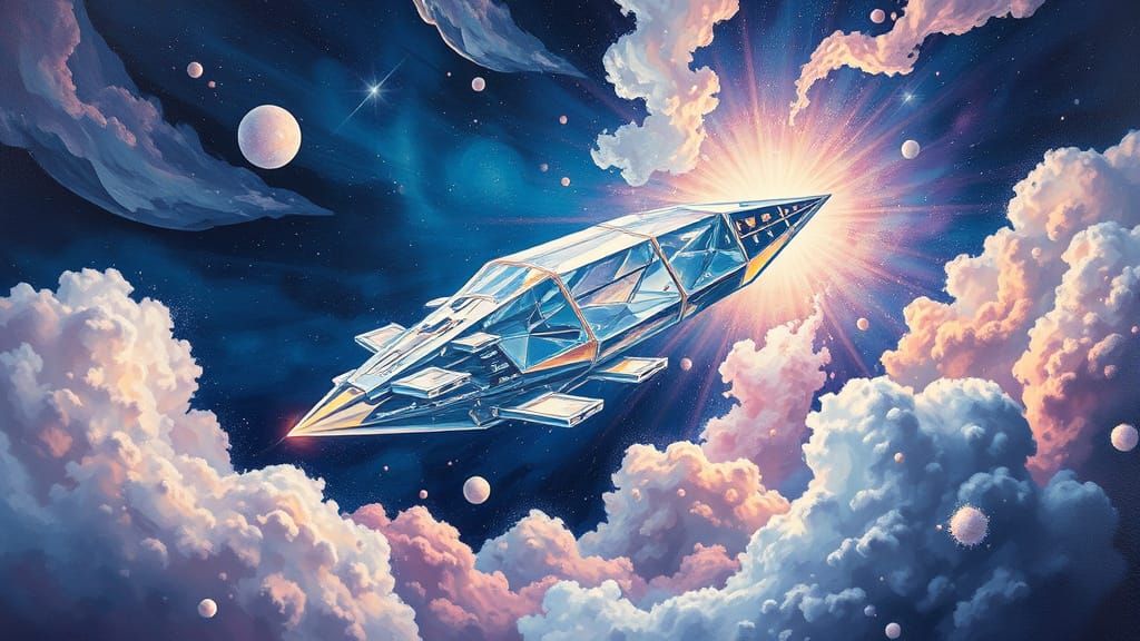 Cosmic Crystal Ship Soars Through Iridescent Gas Clouds in a...