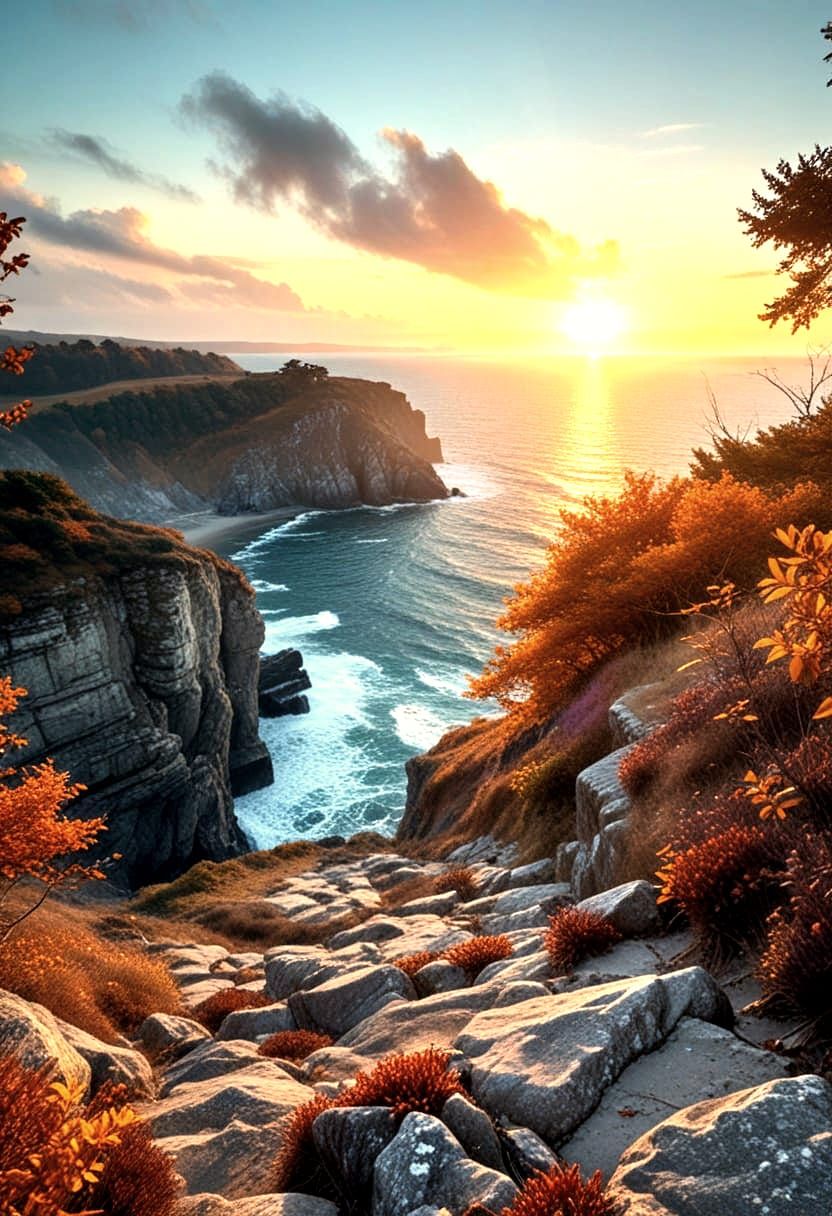 Atmospheric Autumn Sunset Coastal Landscape with Stone Steps