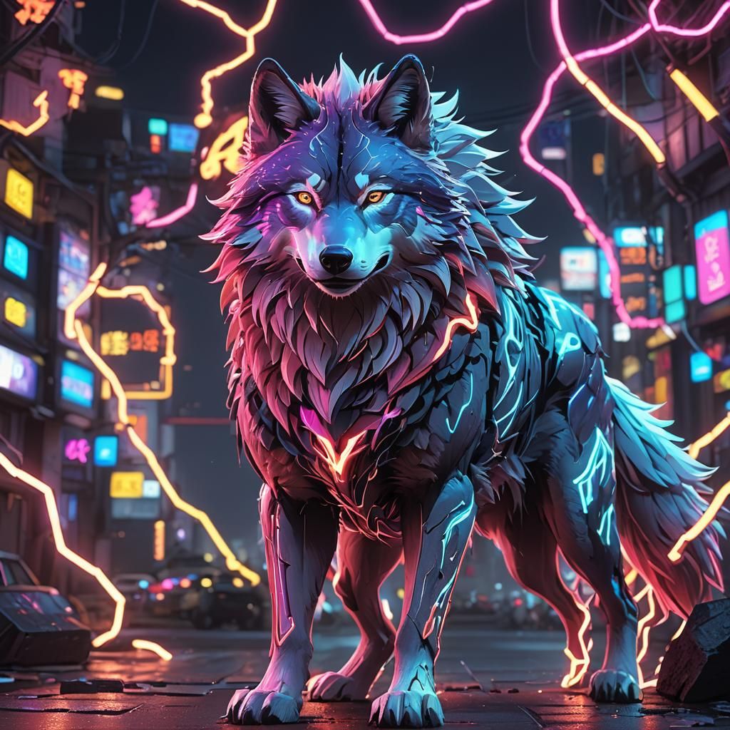 Detailed Neon Wolf in 3D Anime Art