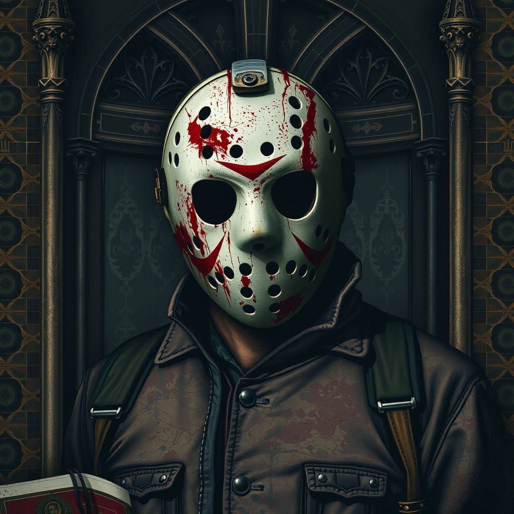 Gothic Horror Portrait of Jason Voorhees in Dark Academia St...