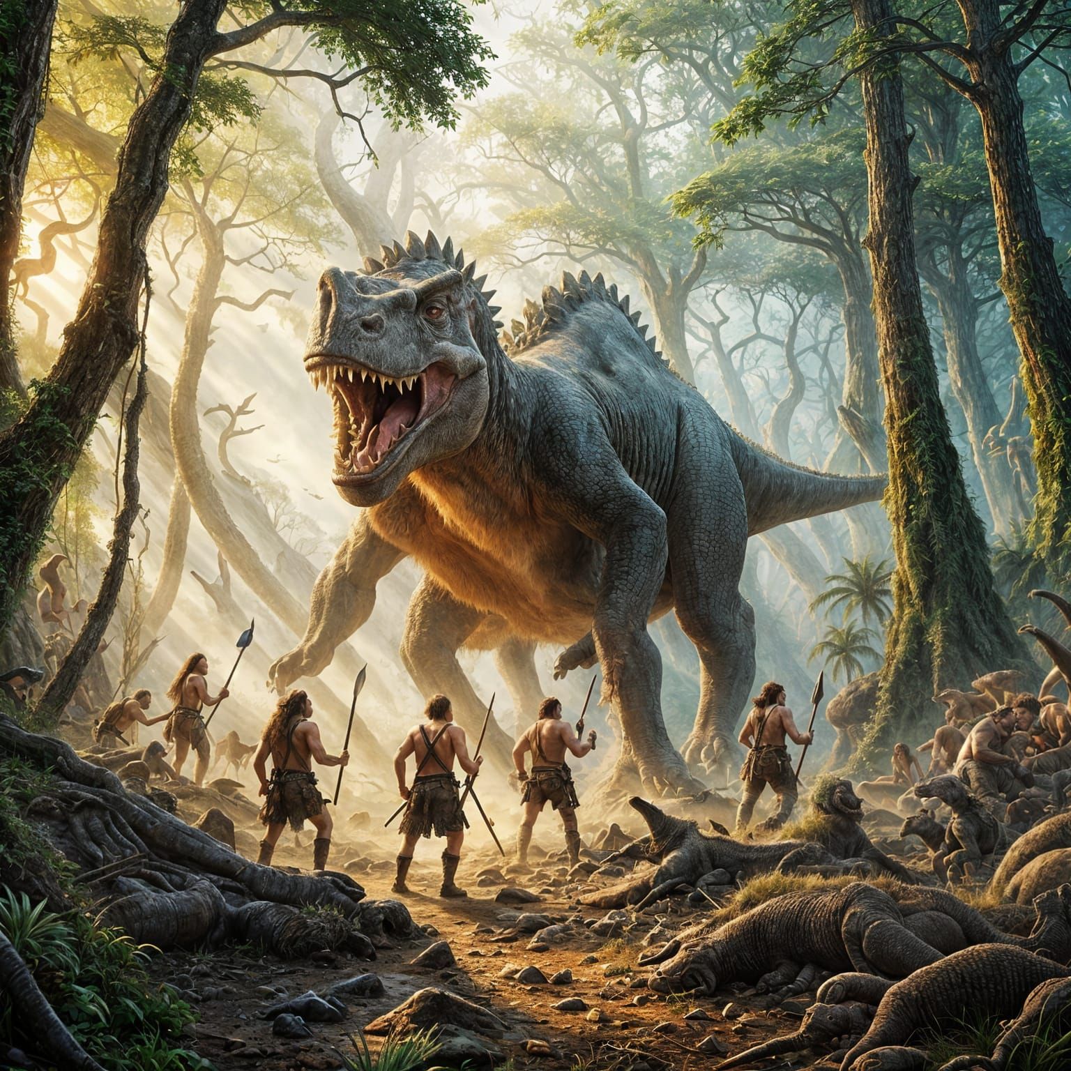 Cavemen Hunting Dinosaurs: Prehistoric Matte Painting