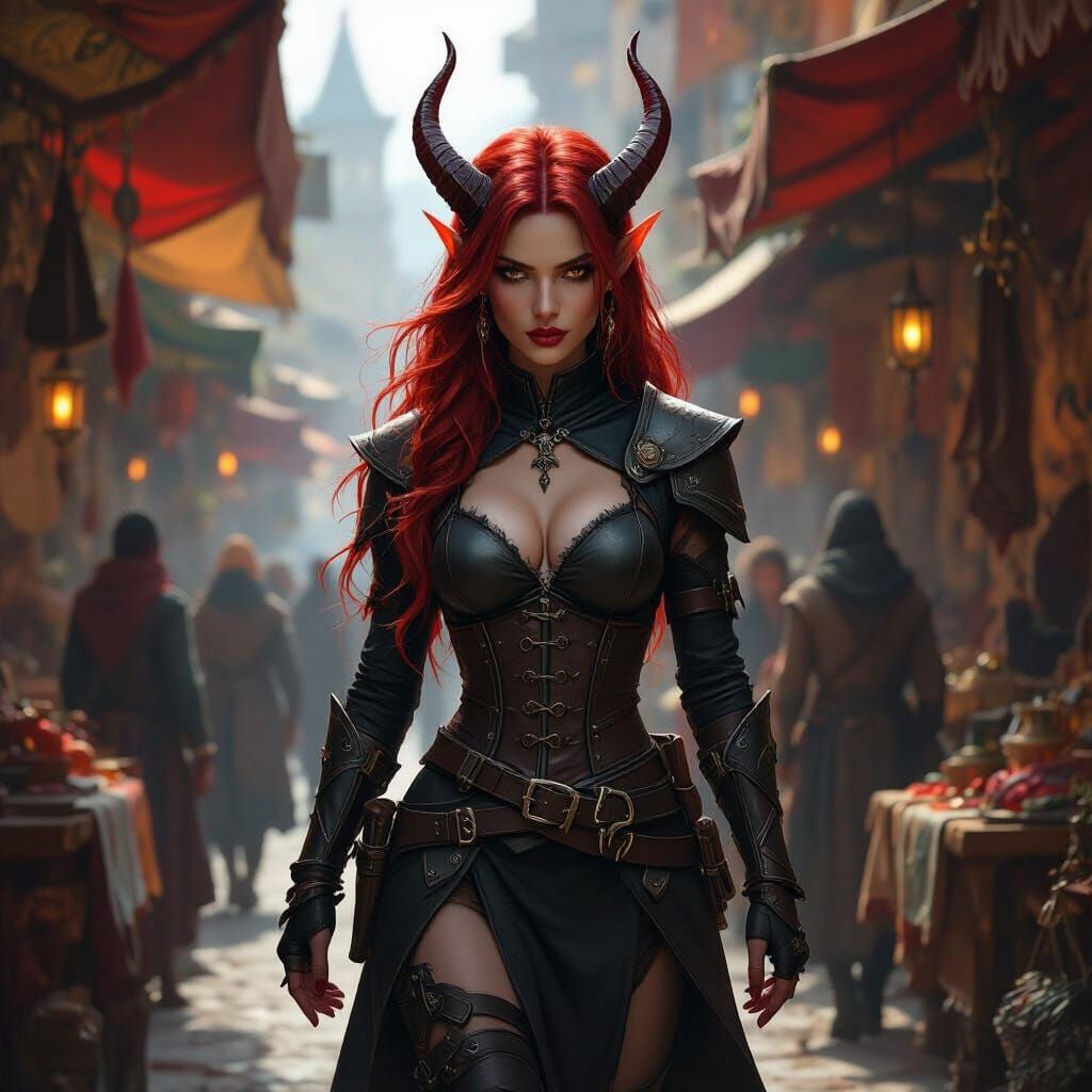 Female Tiefling Rogue in Medieval Market