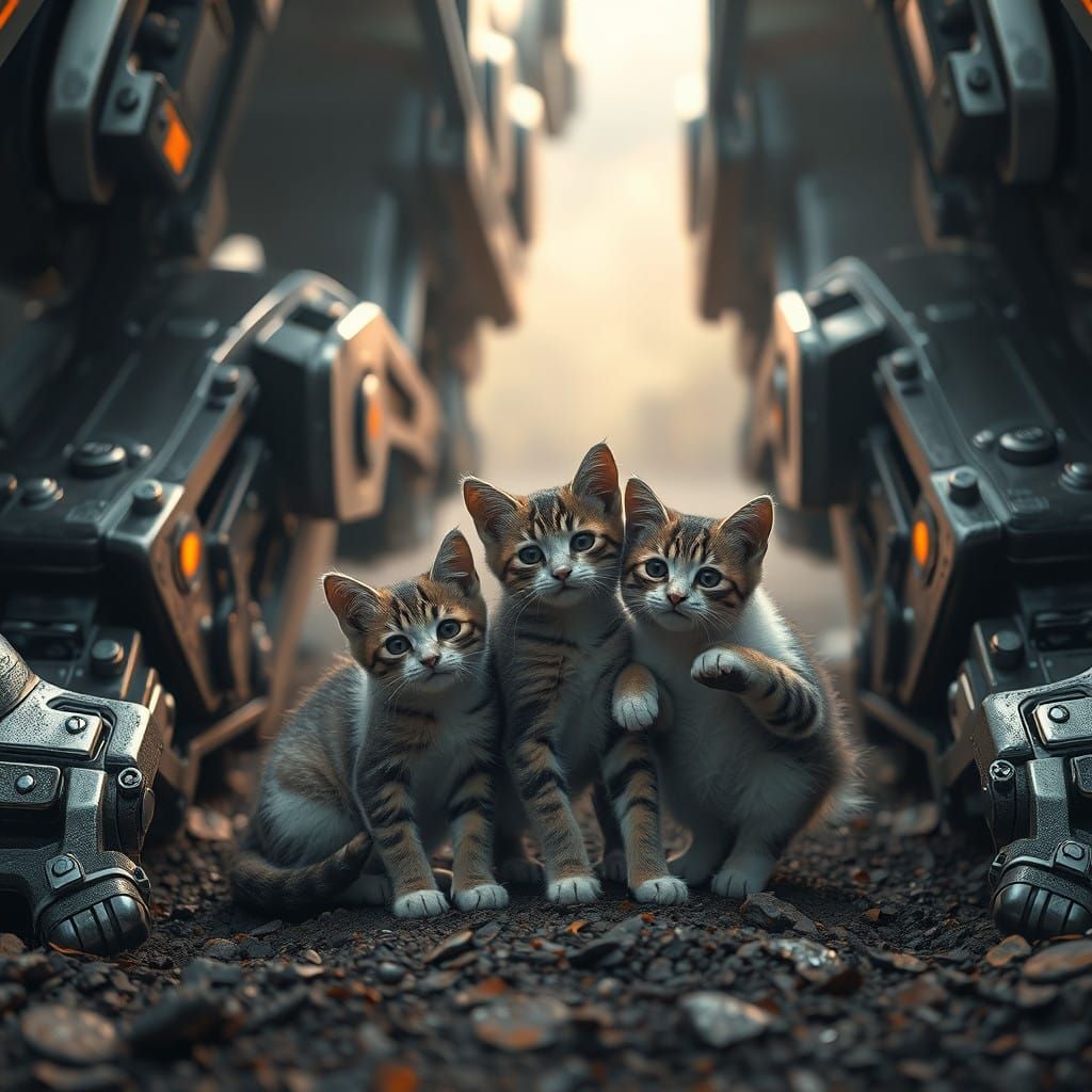 Futuristic Mother Cat with Baby Kittens in Epic Sci-Fi Scene