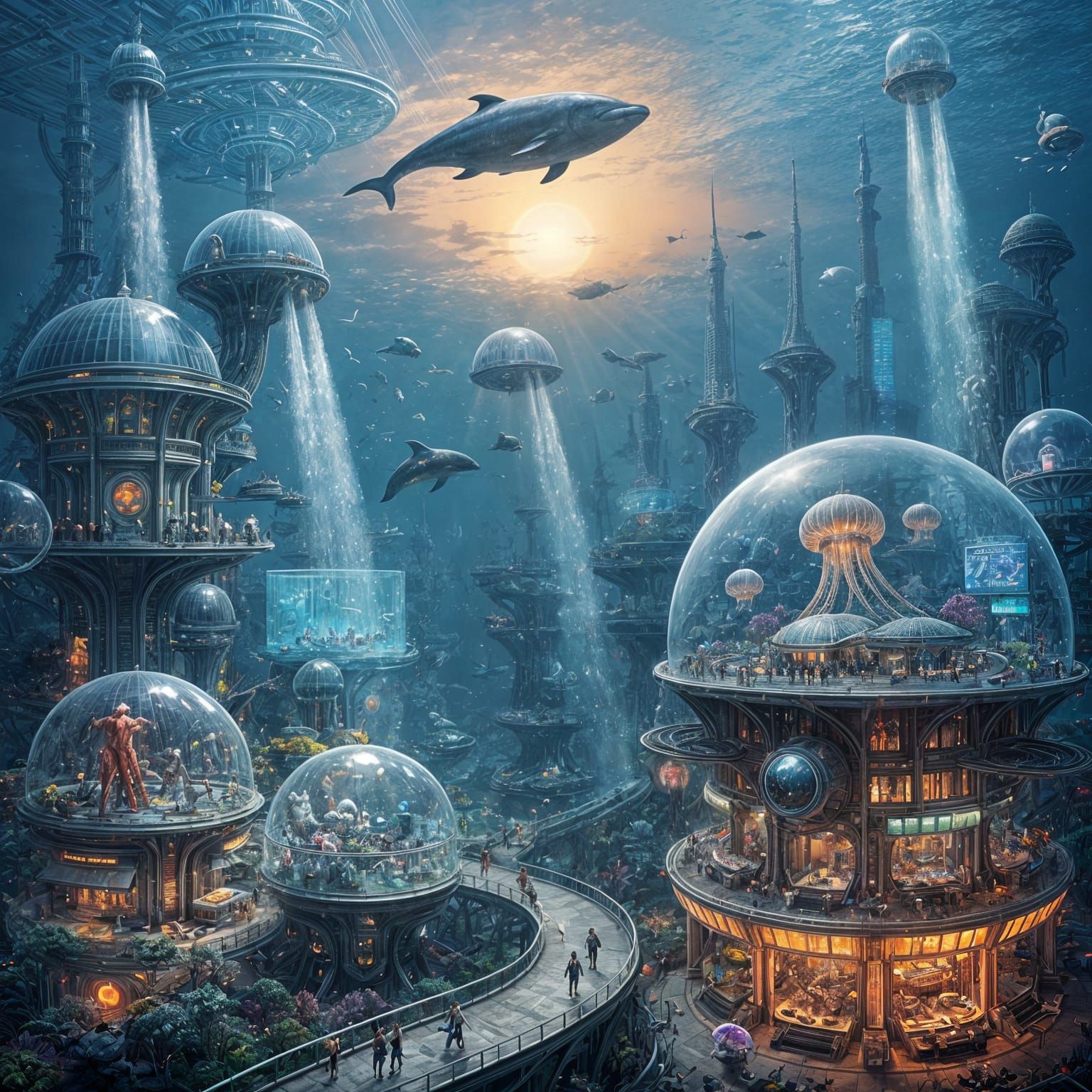 Futuristic Underwater Metropolis with Cyber Whale