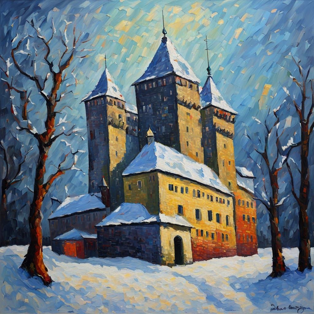Medieval Castle Courtyard in Neo-Impressionist Style