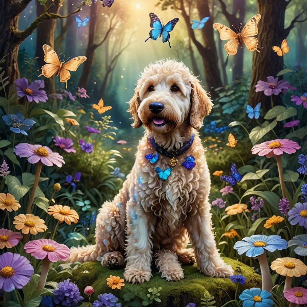 Enchanted Goldendoodle and Butterfly: Fantasy Art