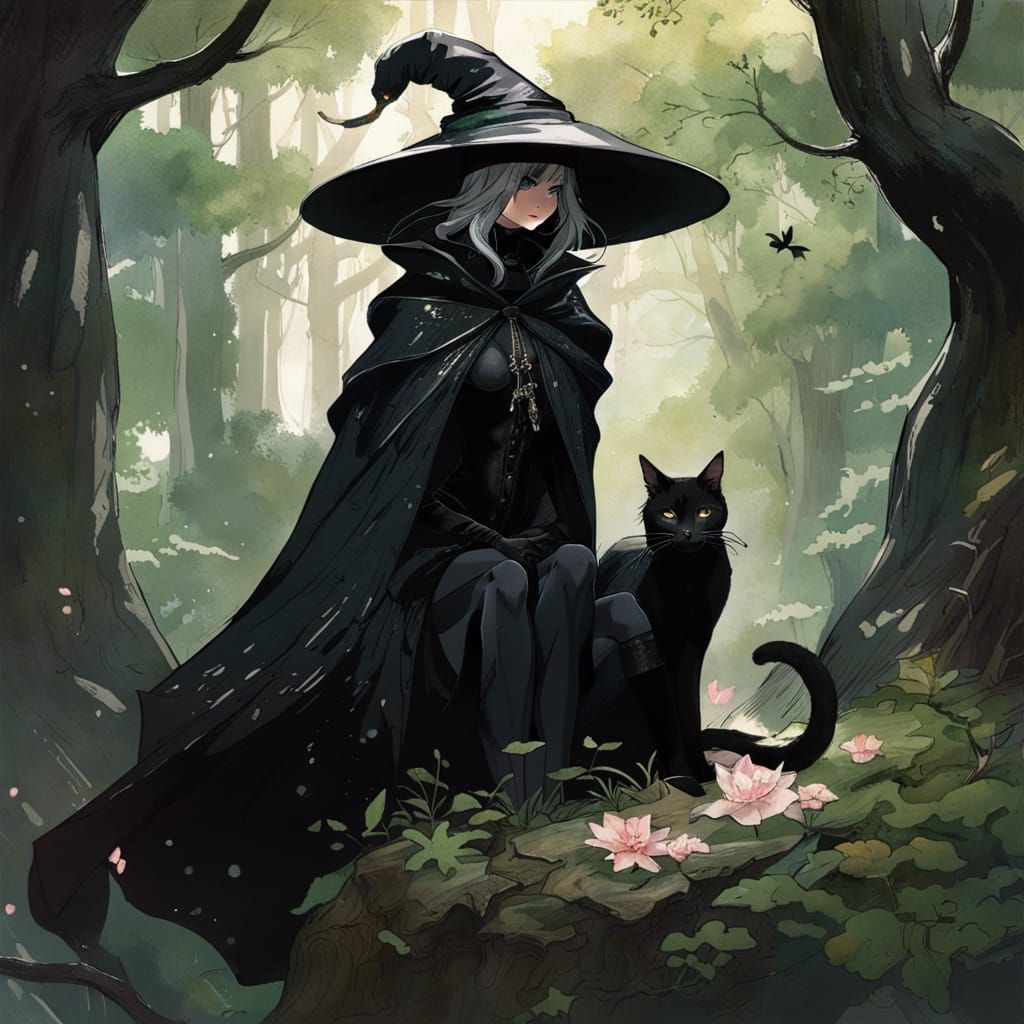 Black Cat Witch in Magical Forest, Fantasy Art