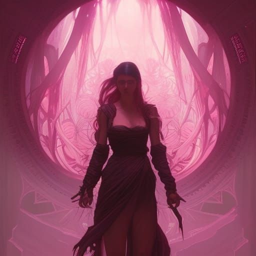 Pink Fantasy Art in Style of Alphonse Mucha