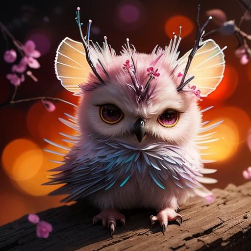 Neon Pink Chibi Owl with Sakura Flowers
