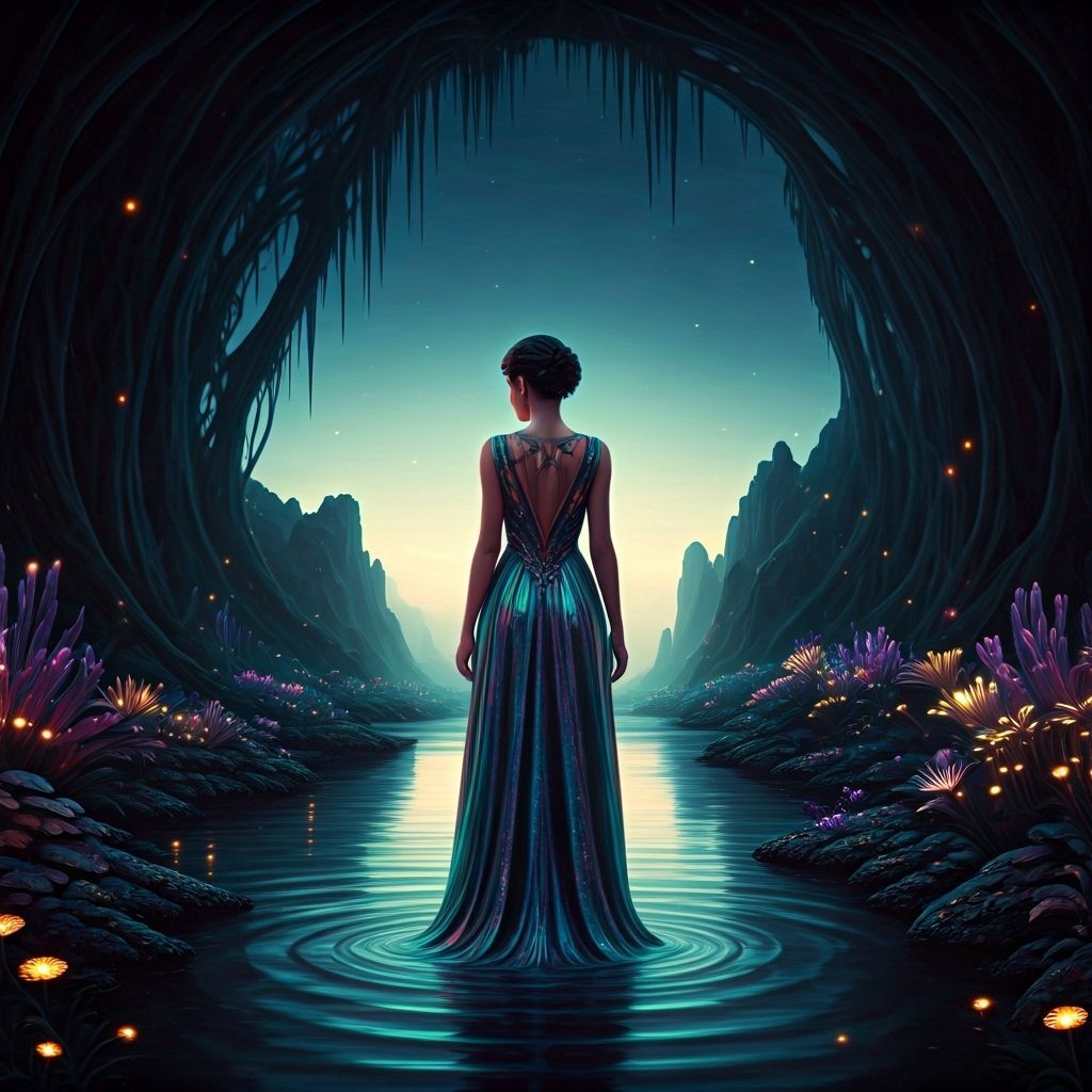 Woman in Mystical Lagoon Under Twilight Sky