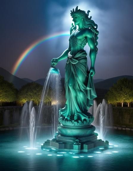 Mythical Fountain with Greek Statues at Night