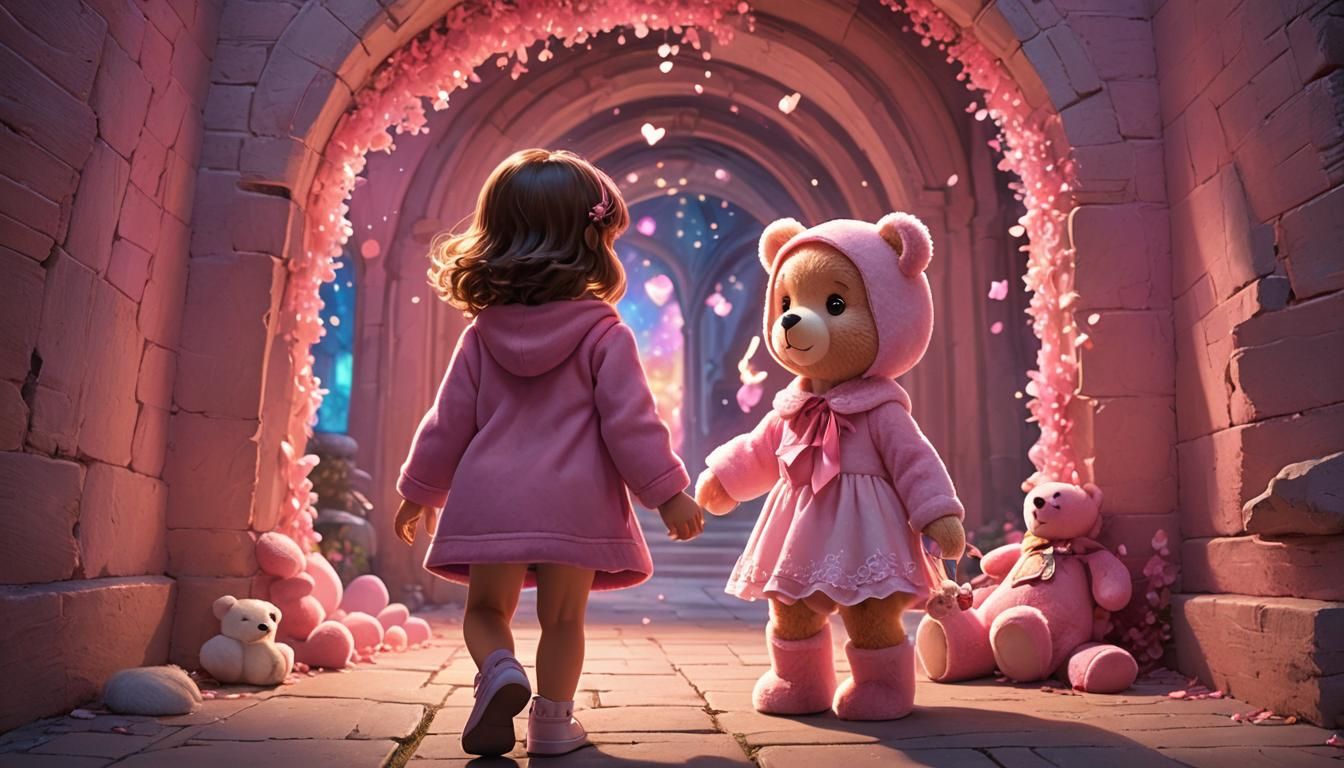 Girl and Teddy Bear Enter Fantasy Portal