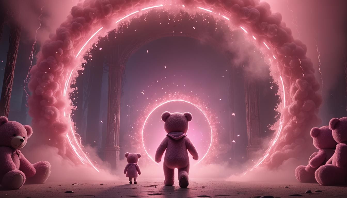 Girl and Teddy Bear Enter Magical Portal in 3D Render