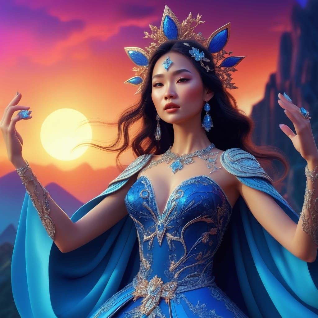 Asian Enchantress Casting Spell Atop Mountain in Magical Rea...