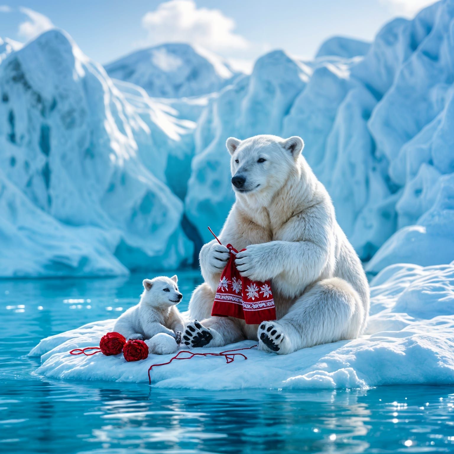 Mother Polar Bear Knits a Sweater on an Iceberg