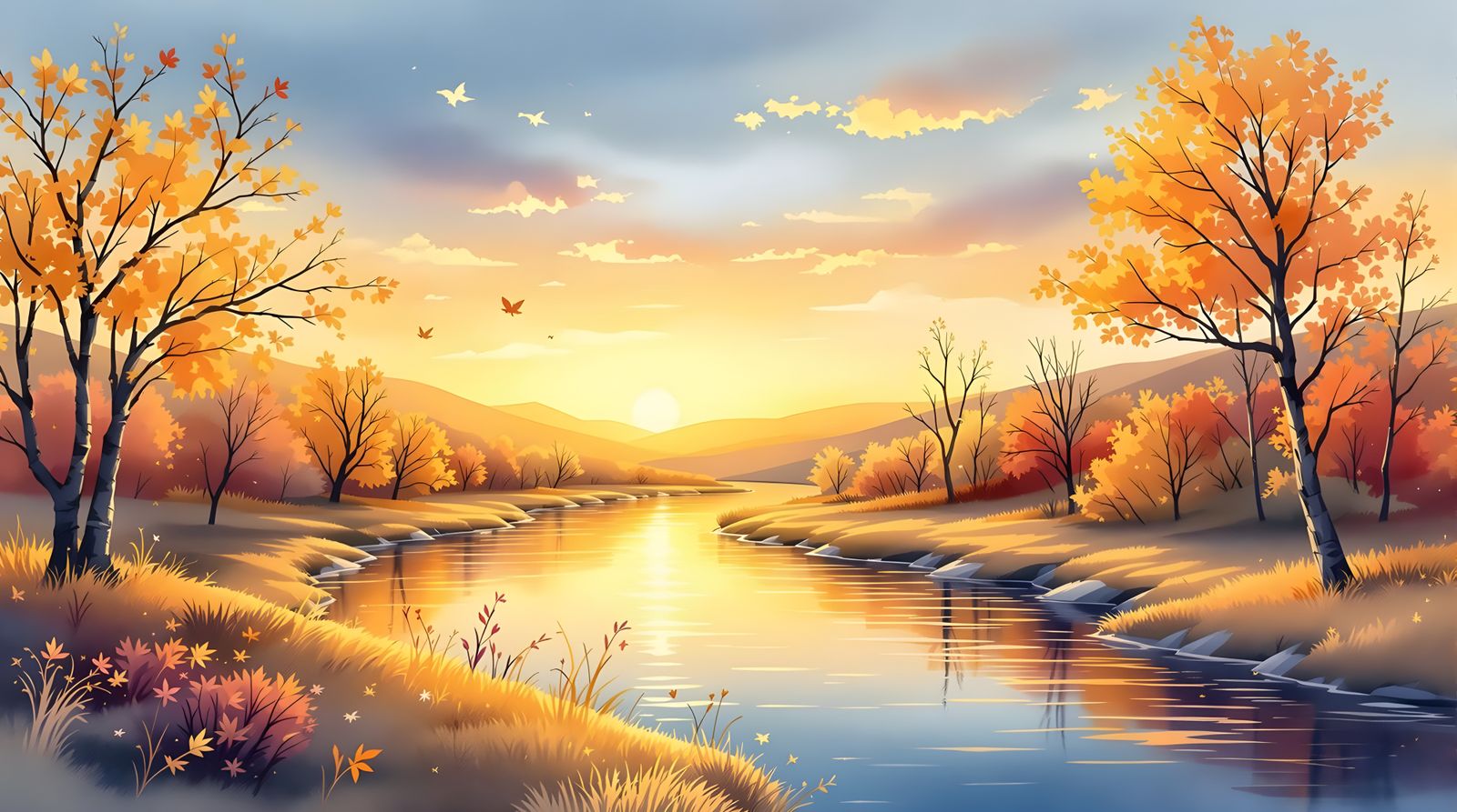 Whimsical Autumn River Scene in Dreamy Watercolor