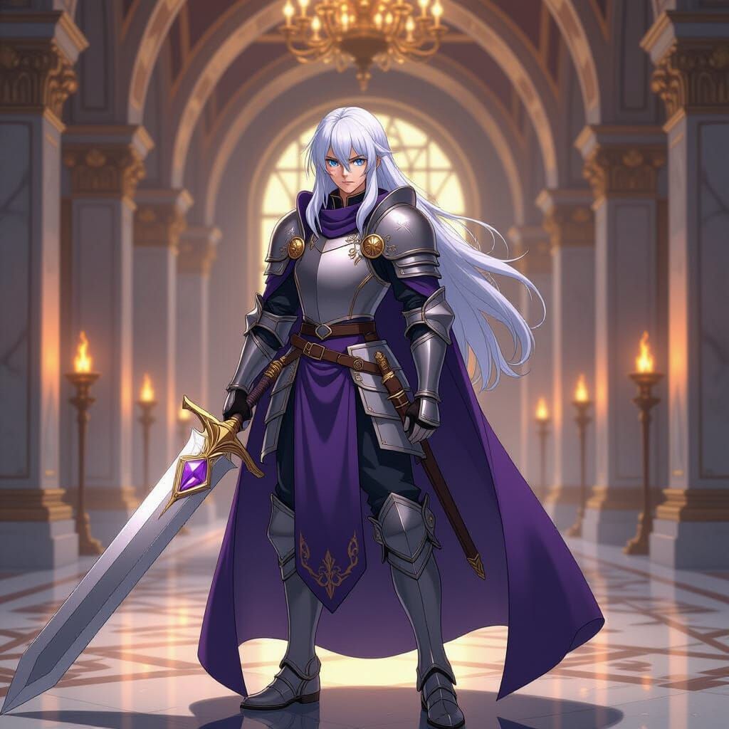 Purple Paladin Hero in Ghibli Anime Style Castle