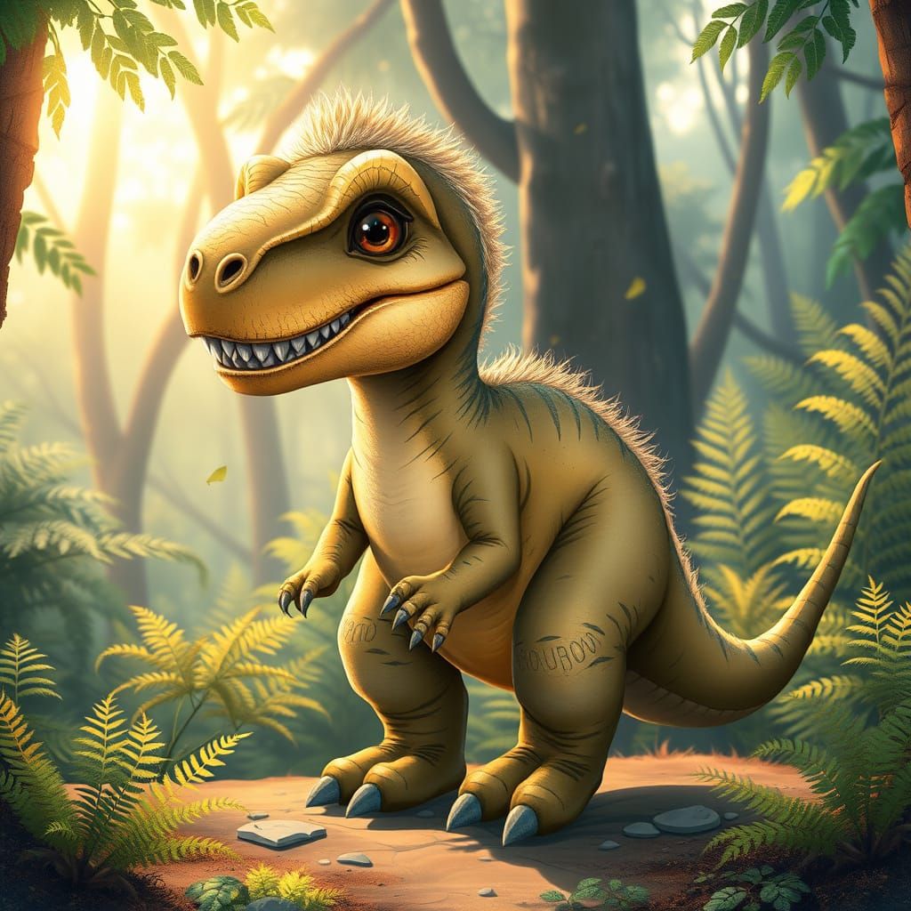 Whimsical Baby T-Rex in a Lush Prehistoric Forest