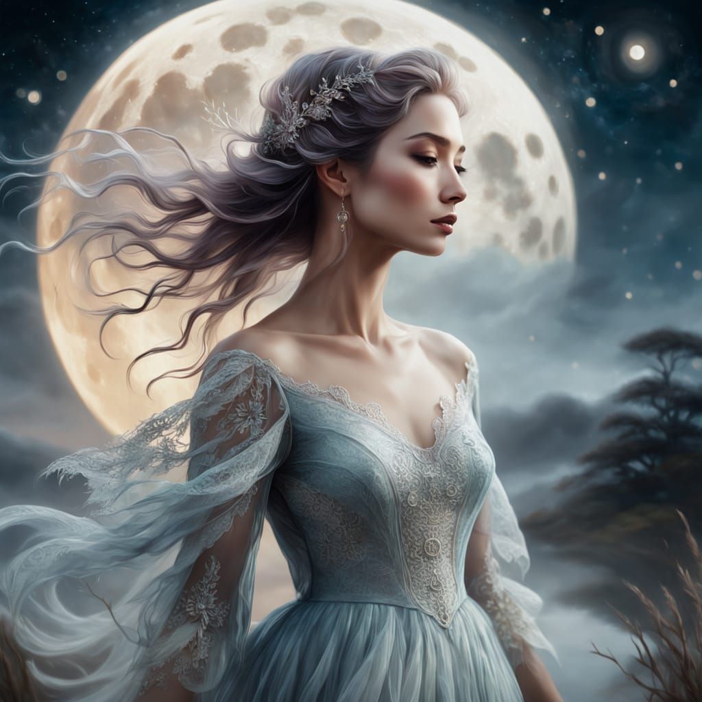 Ethereal Woman in Moonlit Landscape: Fantasy Art