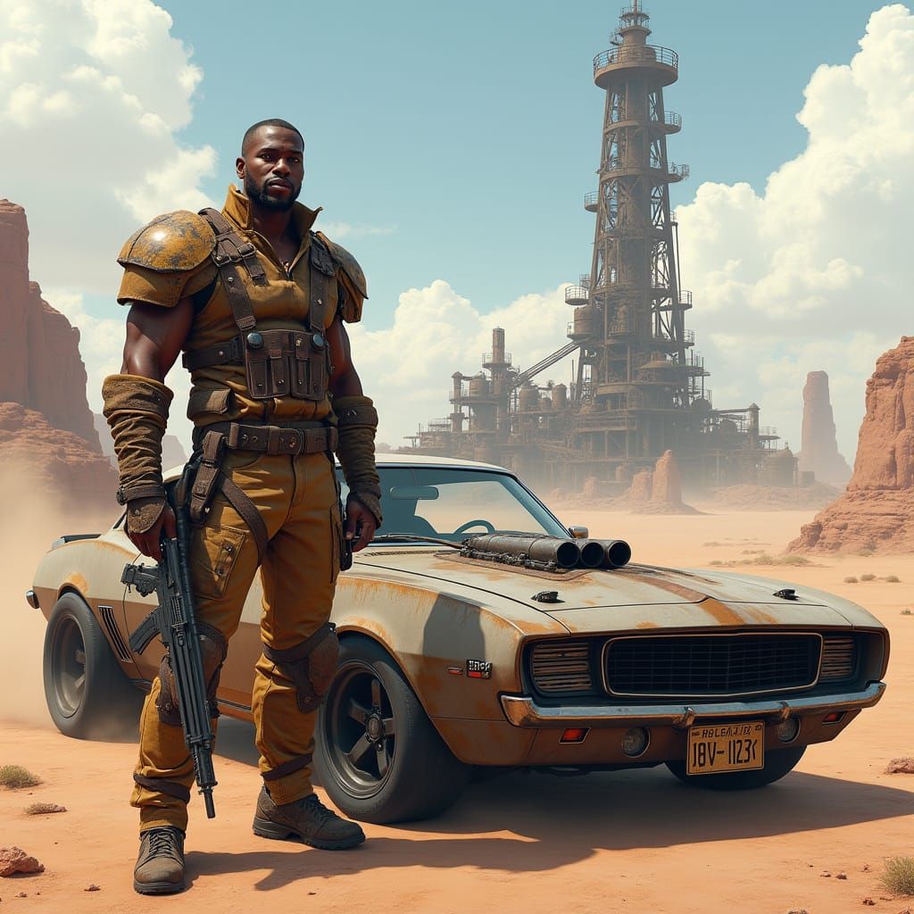 Armored Warrior and Car in Post-Apocalyptic Wasteland