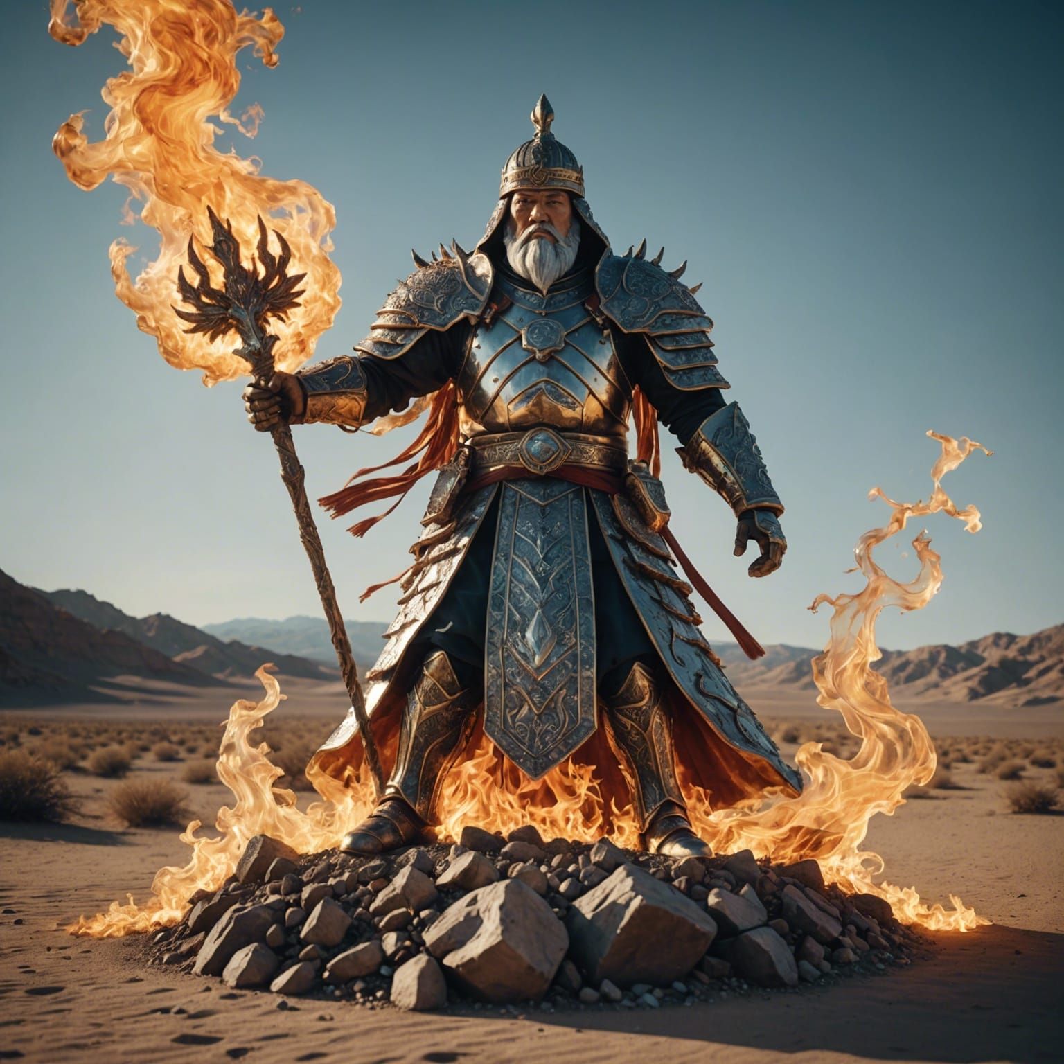 Crystal Gengis Khan Ablaze in Desert Landscape