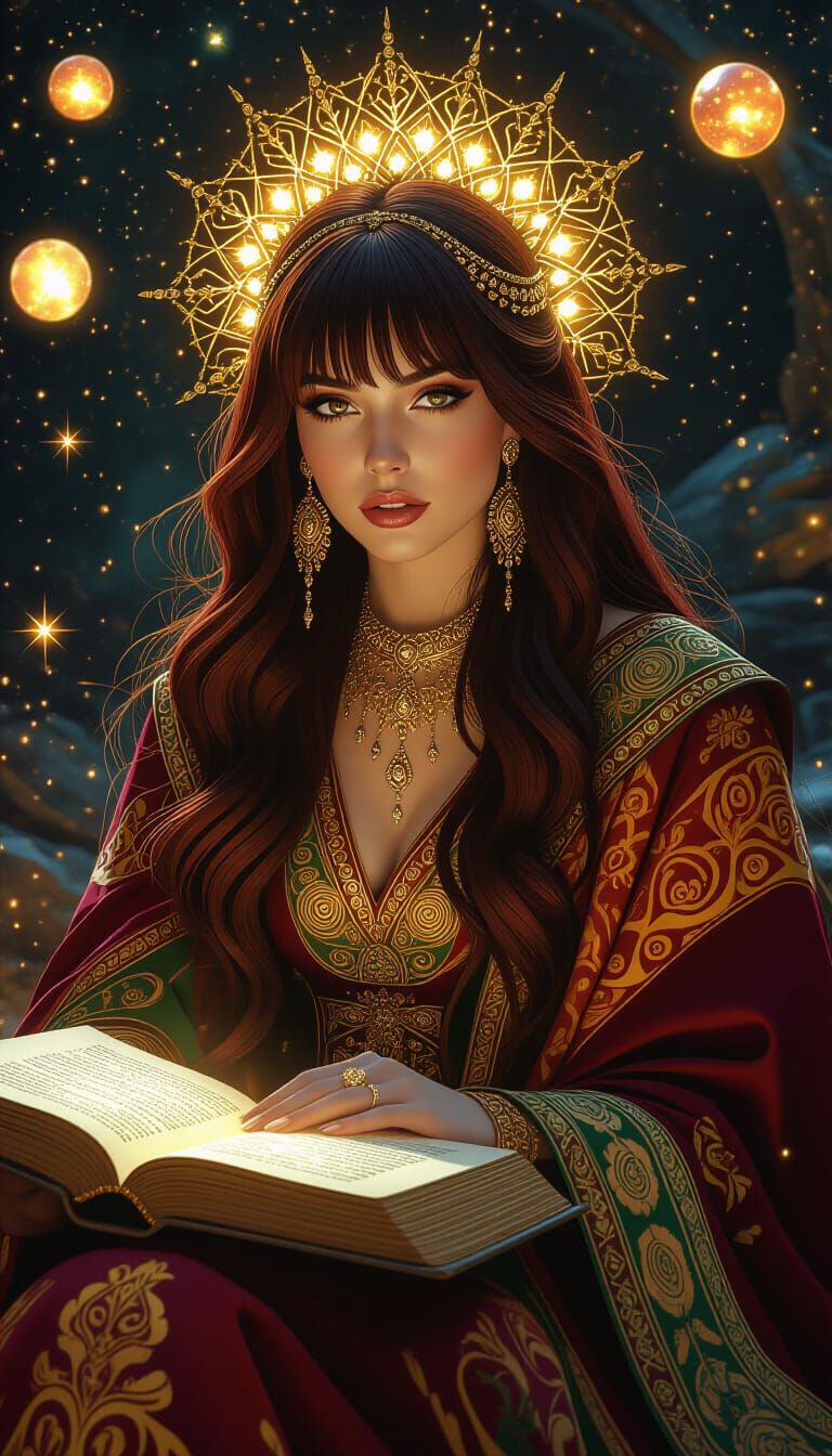 Mystical Woman with Golden Headdress in Dreamlike Scene