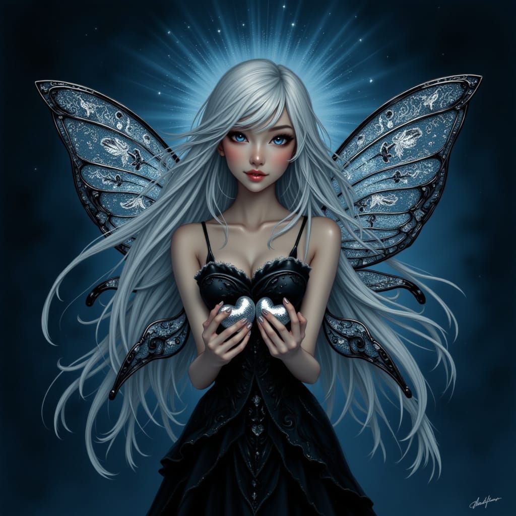 Ethereal Fairy with Filigree Wings Holding Hearts in Art Nou...