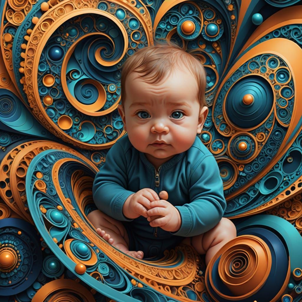 Baby in Swirling Abstract Fractal Vortex
