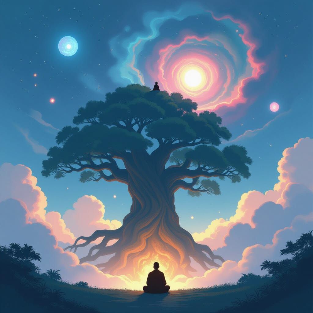 Monk Meditating on Ancient Tree Under Nebula Sky