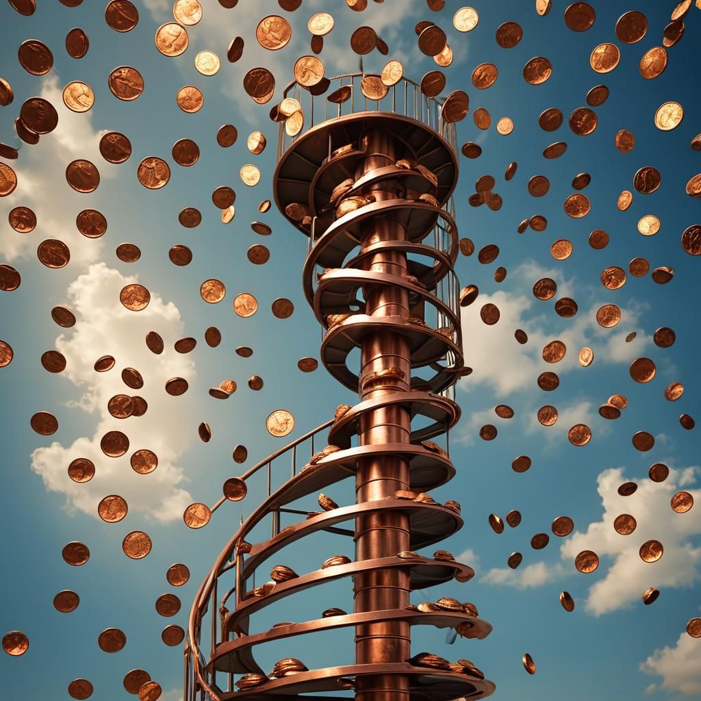 Copper Penny Staircase to Sky with Turtle, 3D Render
