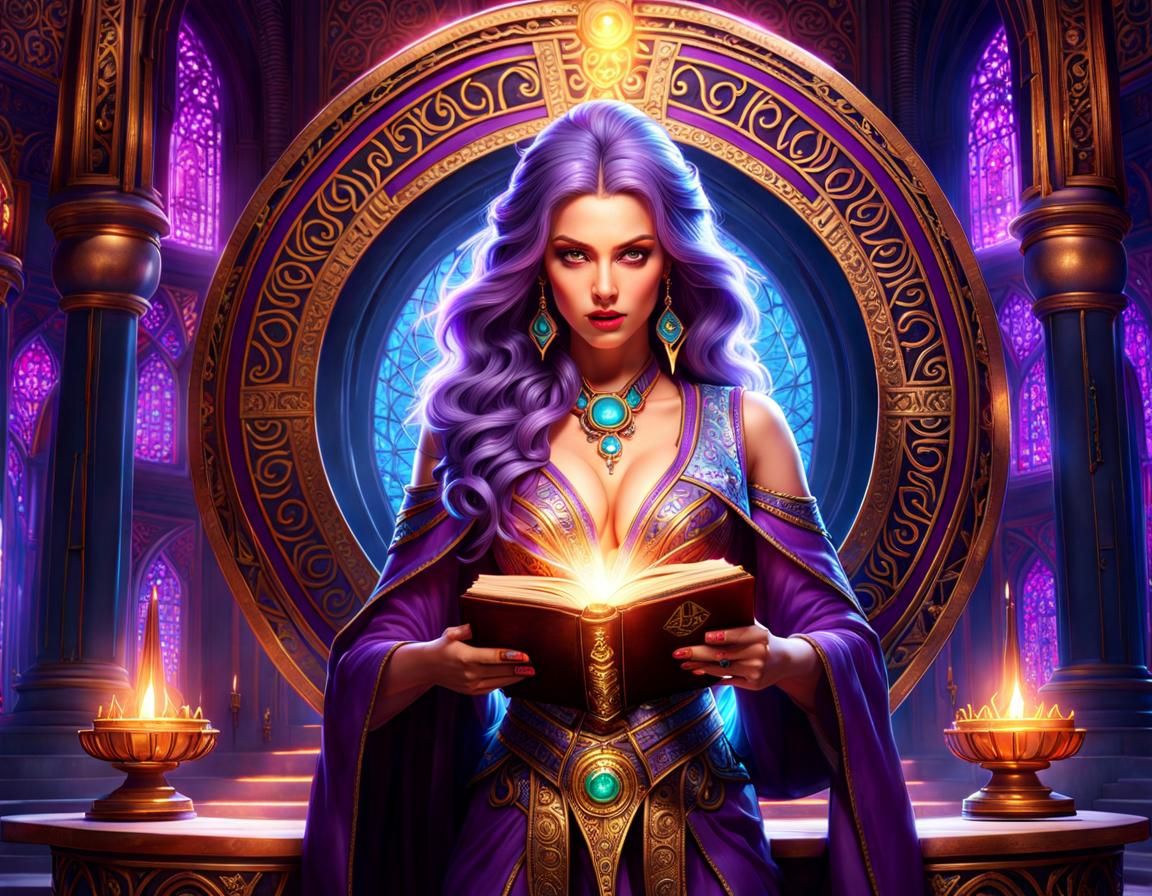 Epic Sorceress in Temple Scene, Hyperrealistic