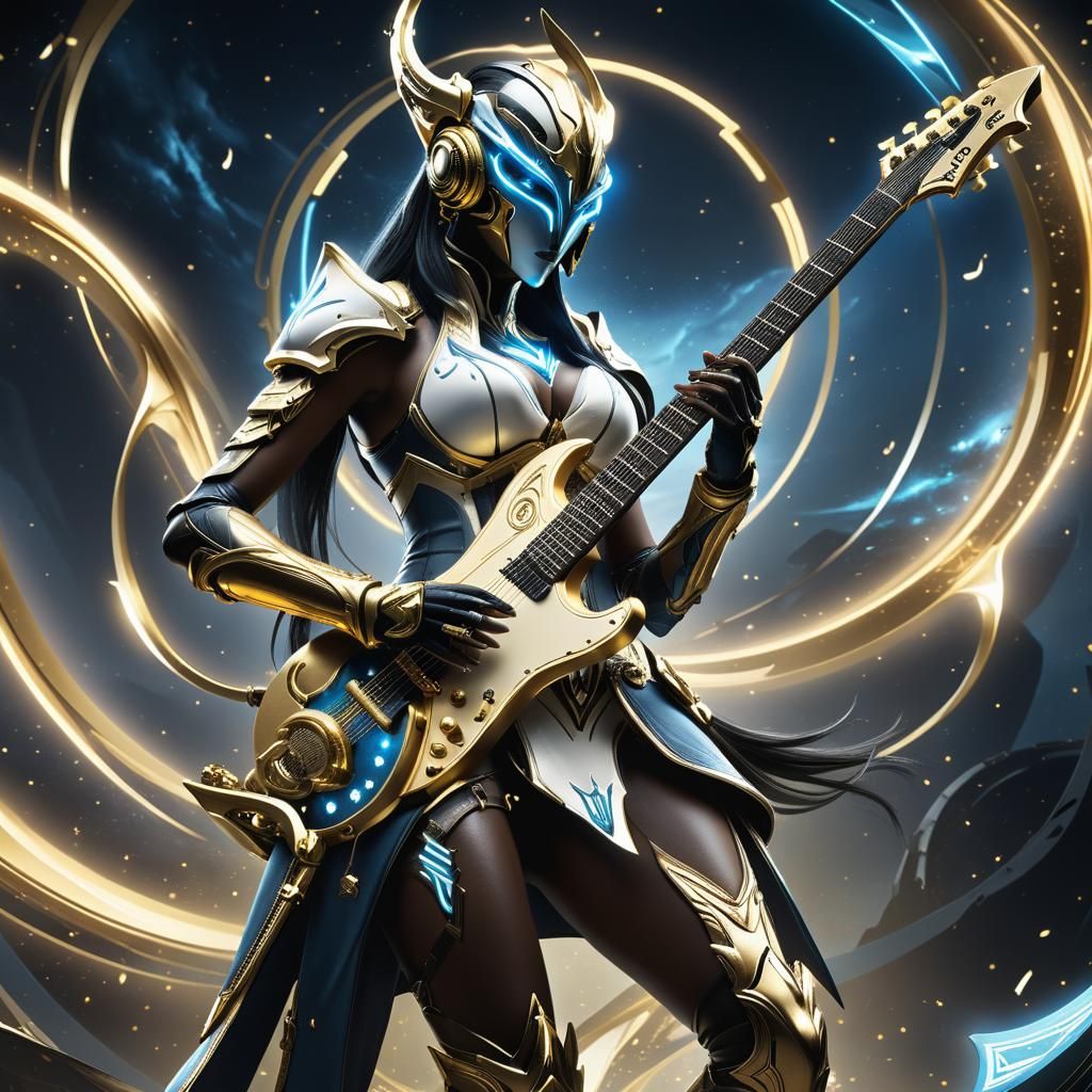 Octavia Warframe Plays Electric Guitar in Dystopian Battle