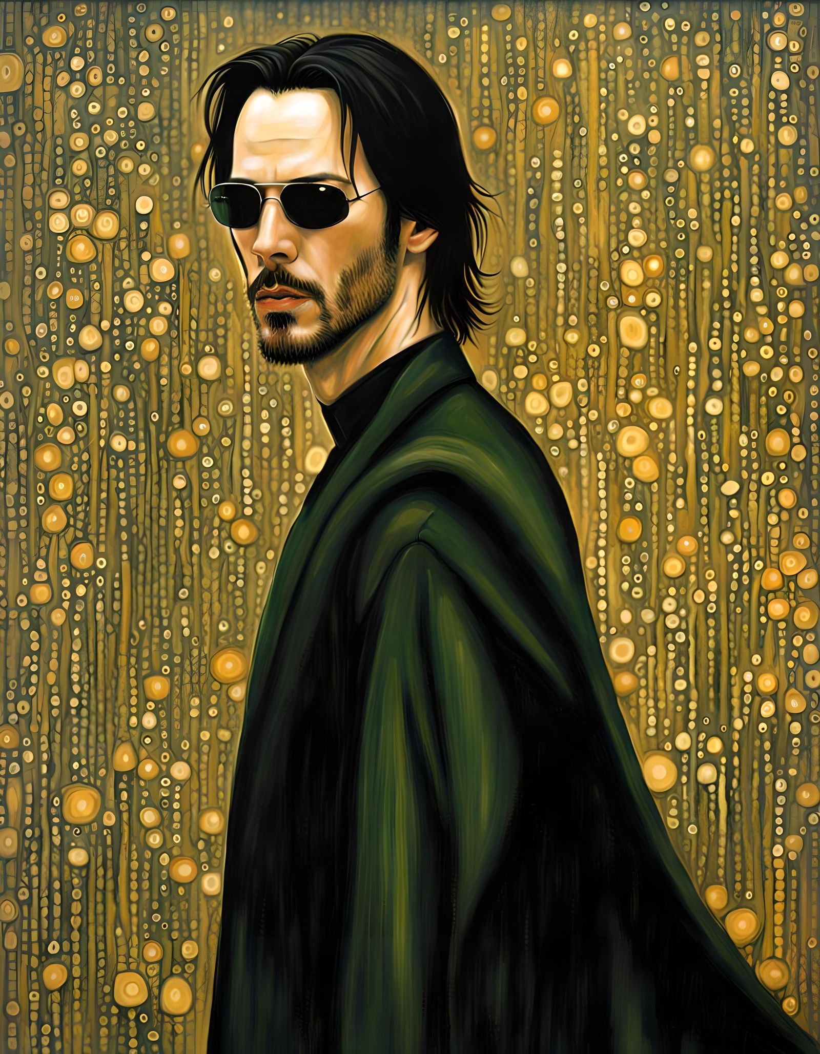 Keanu Reeves as Neo, as painted by Gustav Klimt