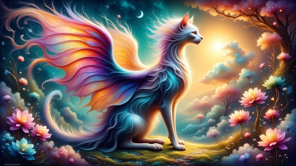 Ethereal Whimsical Fantasy Cat with Wings in a Glowing Celes...