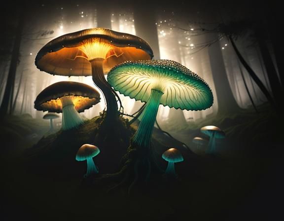 Jellyfish and Toadstools in Eerie Forest Landscape