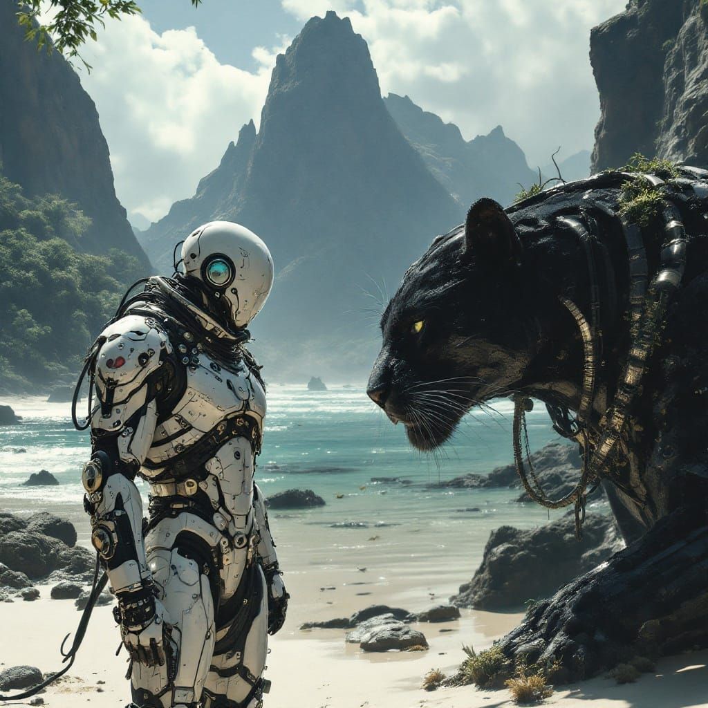 Futuristic Survivor on Sun-Scarred Beach Confronts Majestic...