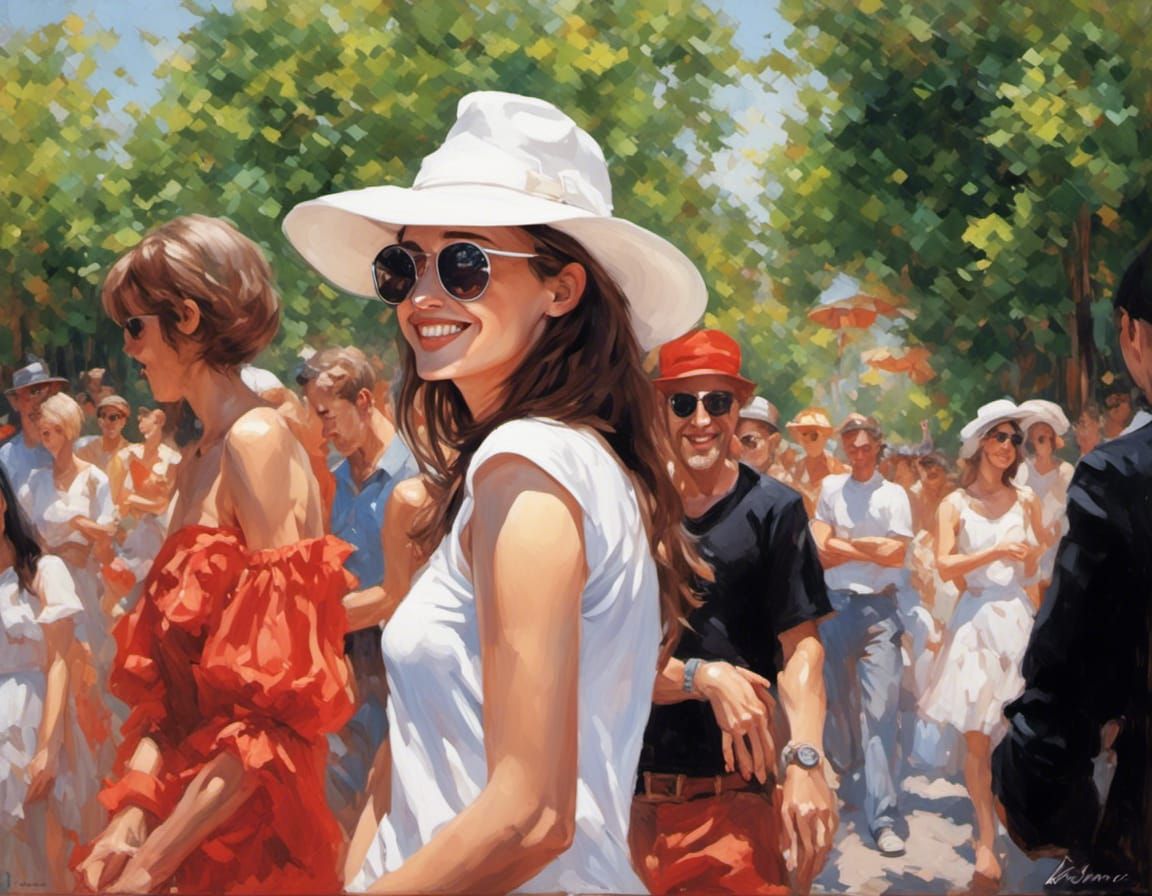 Smiling Woman in White Hat and Sunglasses