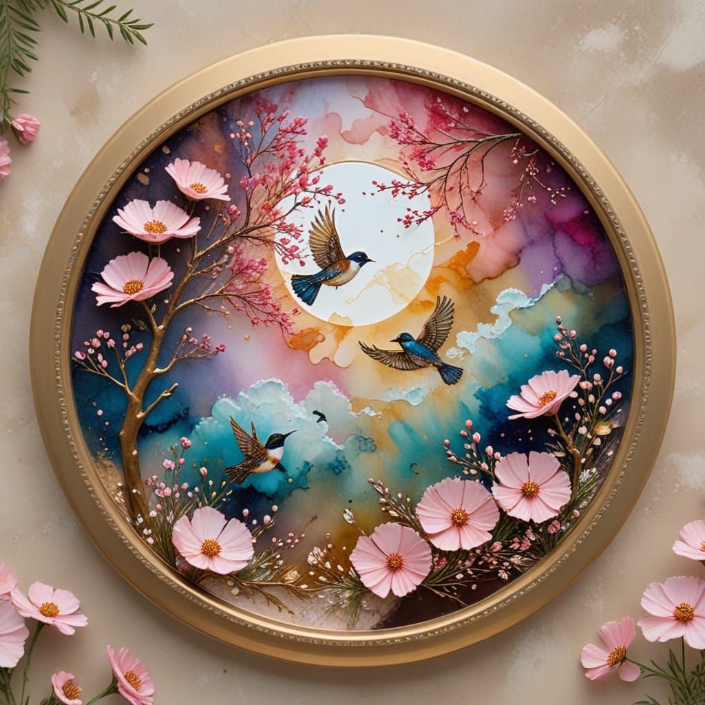 Alcohol Ink Art: Floral Circle with Bird and Gold Frame