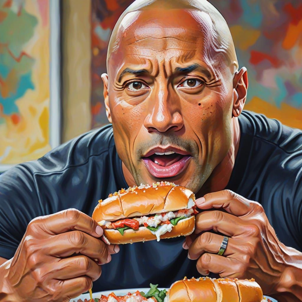 Dwayne Johnson Eating Lobster Roll in Expressionist Oil