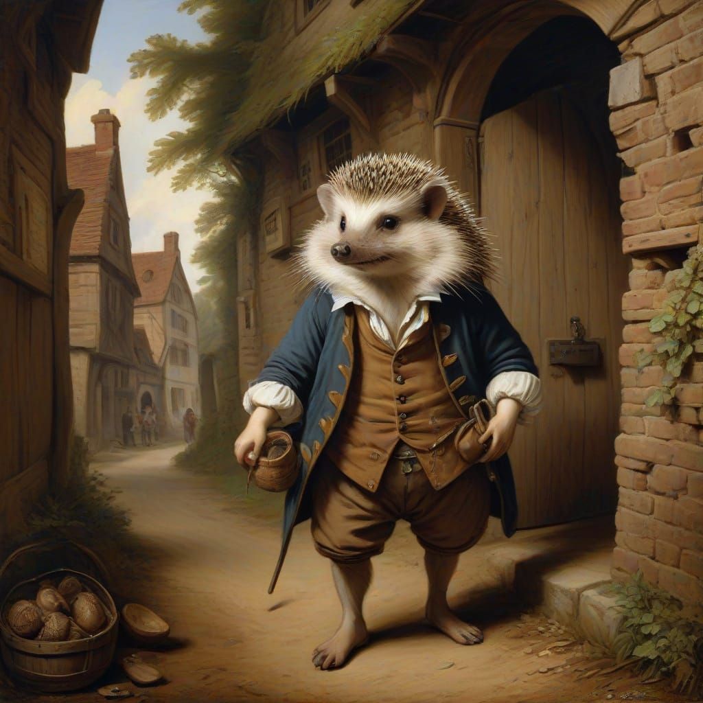 Hedgehog Traveler Enters Old Tavern in Baroque Style