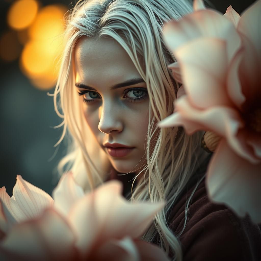Ethereal Portrait with Flowing Robes and Floral Accents