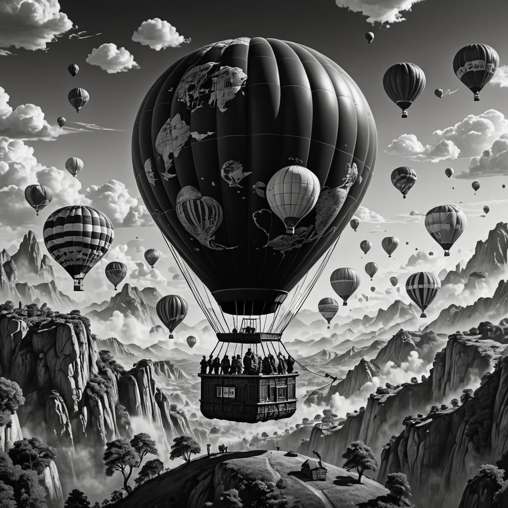Fantastical Hot Air Balloon Black and White Drawing