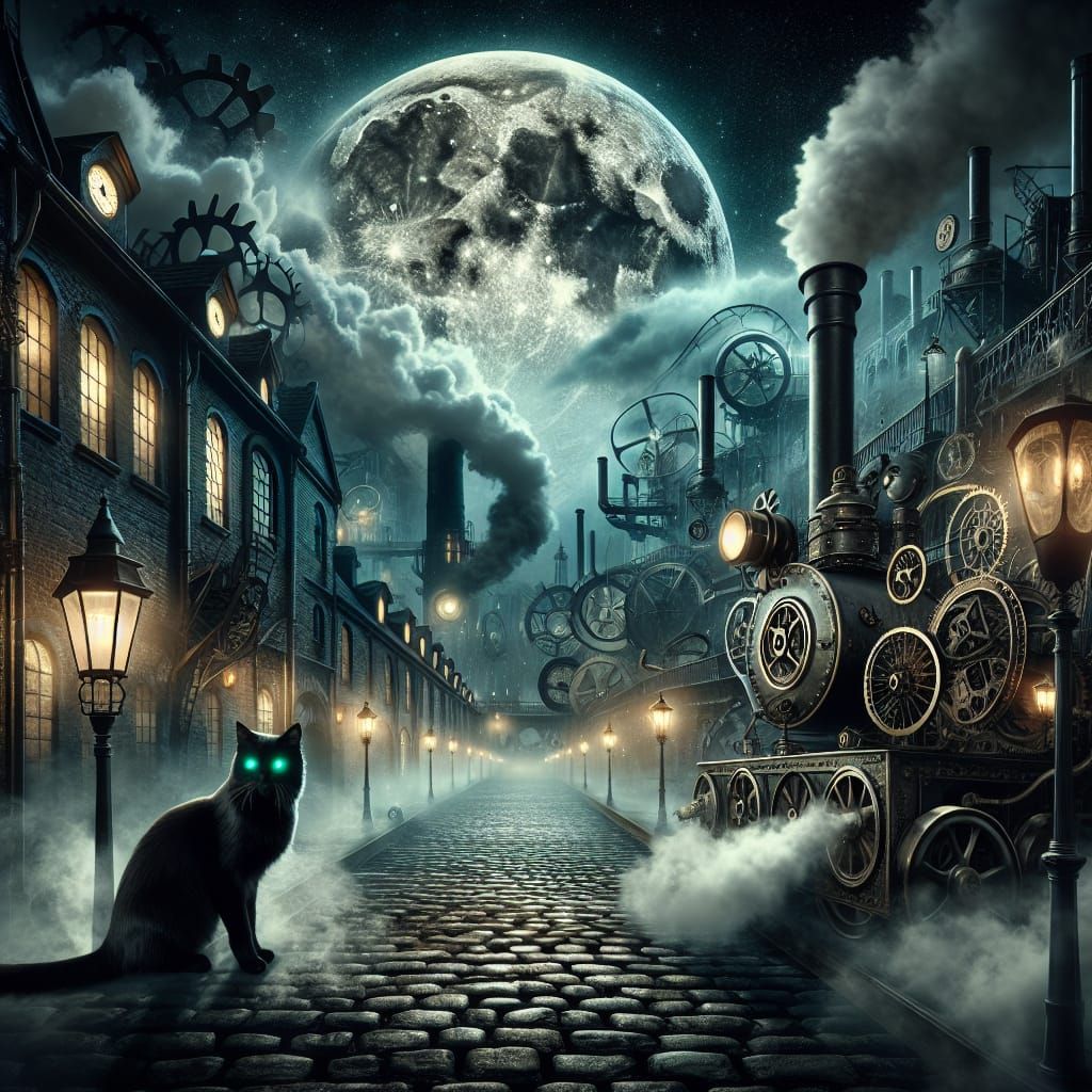 Steampunk Cat Prowls a Smoggy Moonlit Night