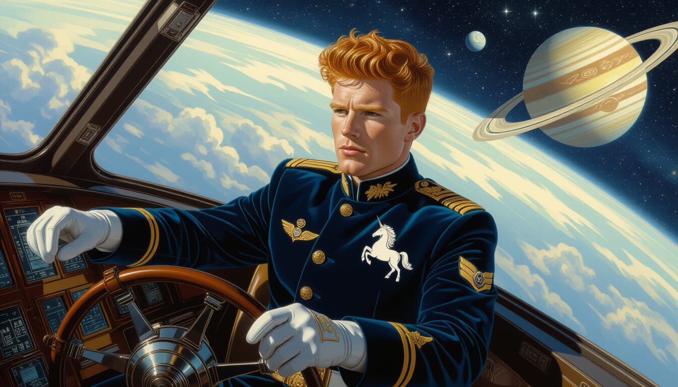 Pilot Operating Crystal Levers on Spaceship Over Saturn